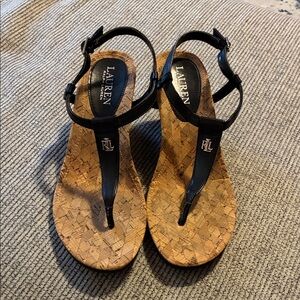 Ralph Lauren Reeta 7.5M Black Leather T-Strap Thong Wedge Cork Sandals NWOT